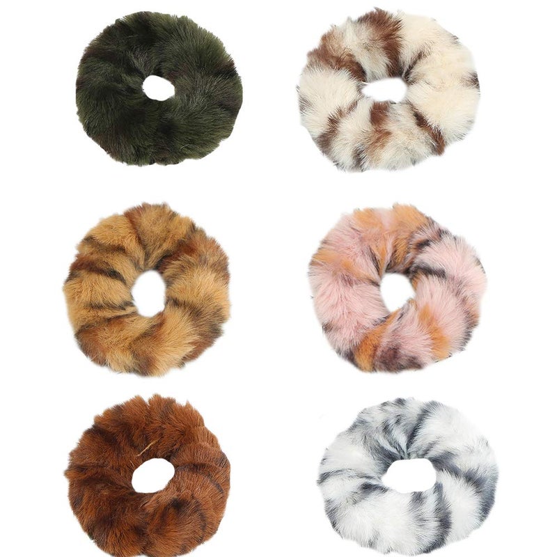 Pack of 6 Faux Ru Furry Scrunchies, Fur Hair Bands Wristband Hair Rings, Women Girl kid's Faux Fur Fluffy Ball Hair Band Rope, Hair Tie Ponytail Holder Hair Accessories (6PCS-A)
